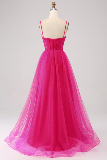 Fuchsia A-Line Spaghetti stropper Long Corset Prom Dress med Slit